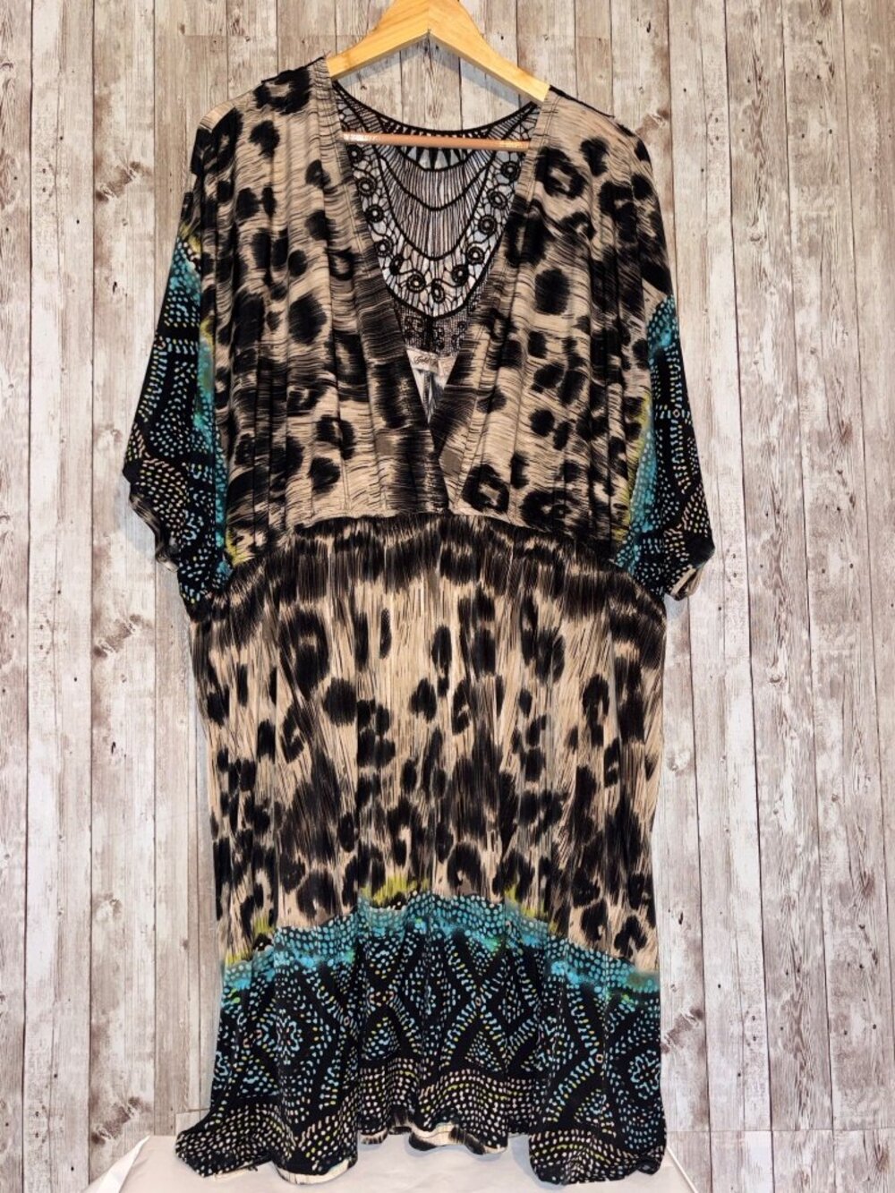 Animal Print Tribal Pattern Kaftan Dress Crochet Neckline Flowy Sleeves 5X 6X